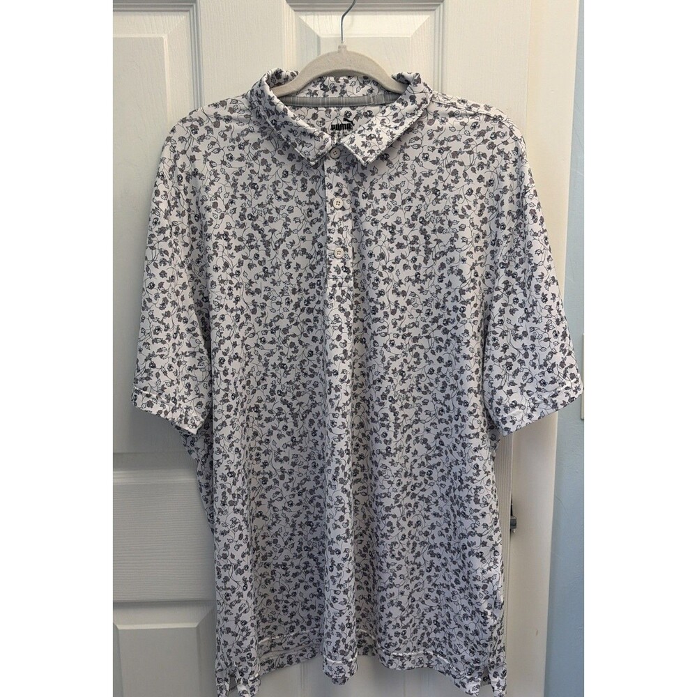 Puma Shirt Mens XL Performance Golf Polo Short Sleeve white grey Floral AOP
